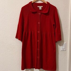Bright Red Cardigan Sweater Dress/Tunic, Babydoll w/Bell Sleeves, Medium